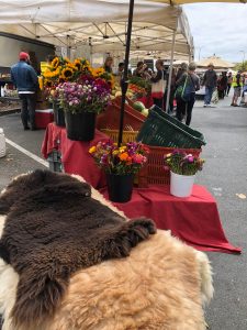 A market stall with animal skins and flowers. 