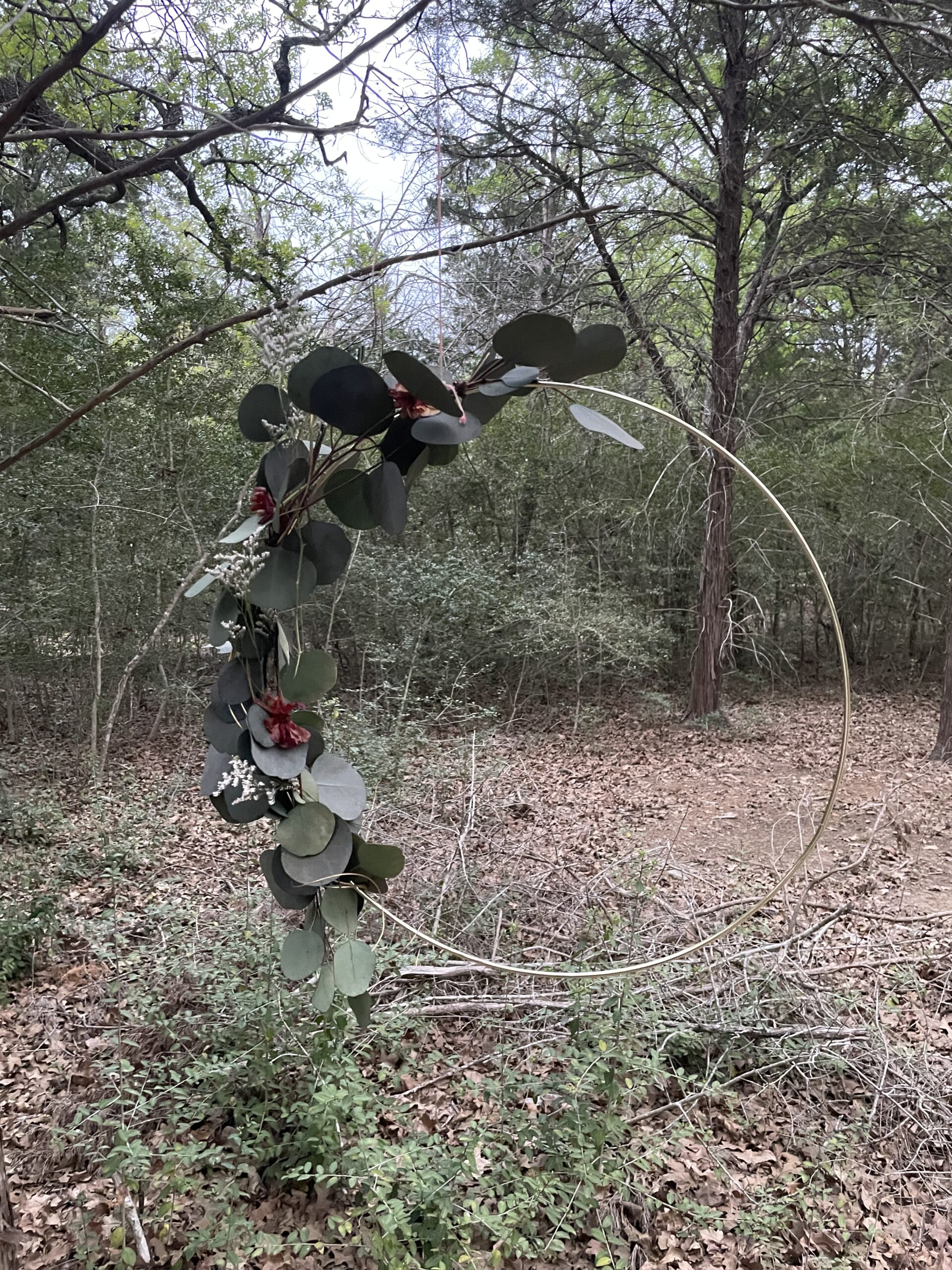 hanging gold hoop wrapped in eucalyptus in a forest setting